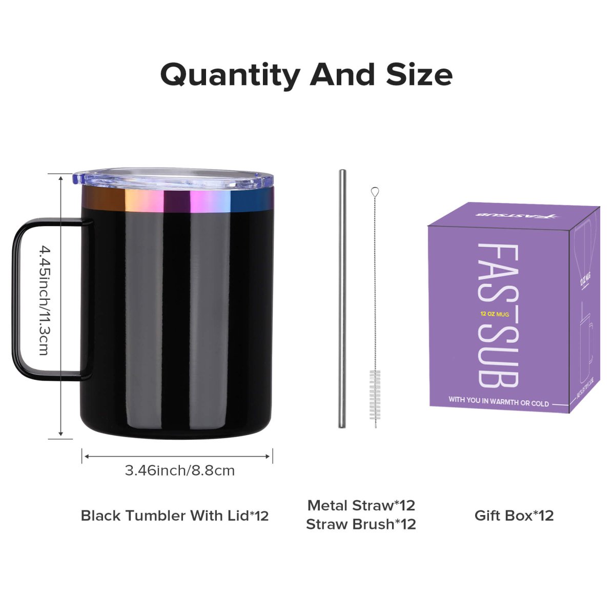 12 oz Rainbow Plated Mug Black - 12 Pack - FASTSUB