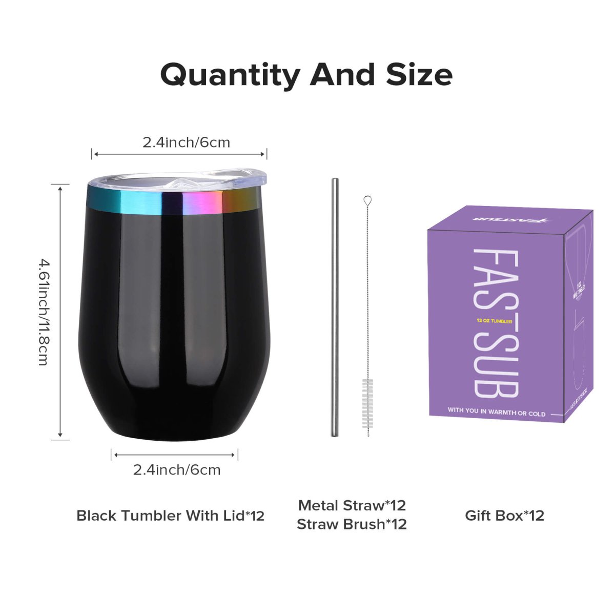 12 oz Rainbow Plated Tumbler Black - 12 Pack - FASTSUB