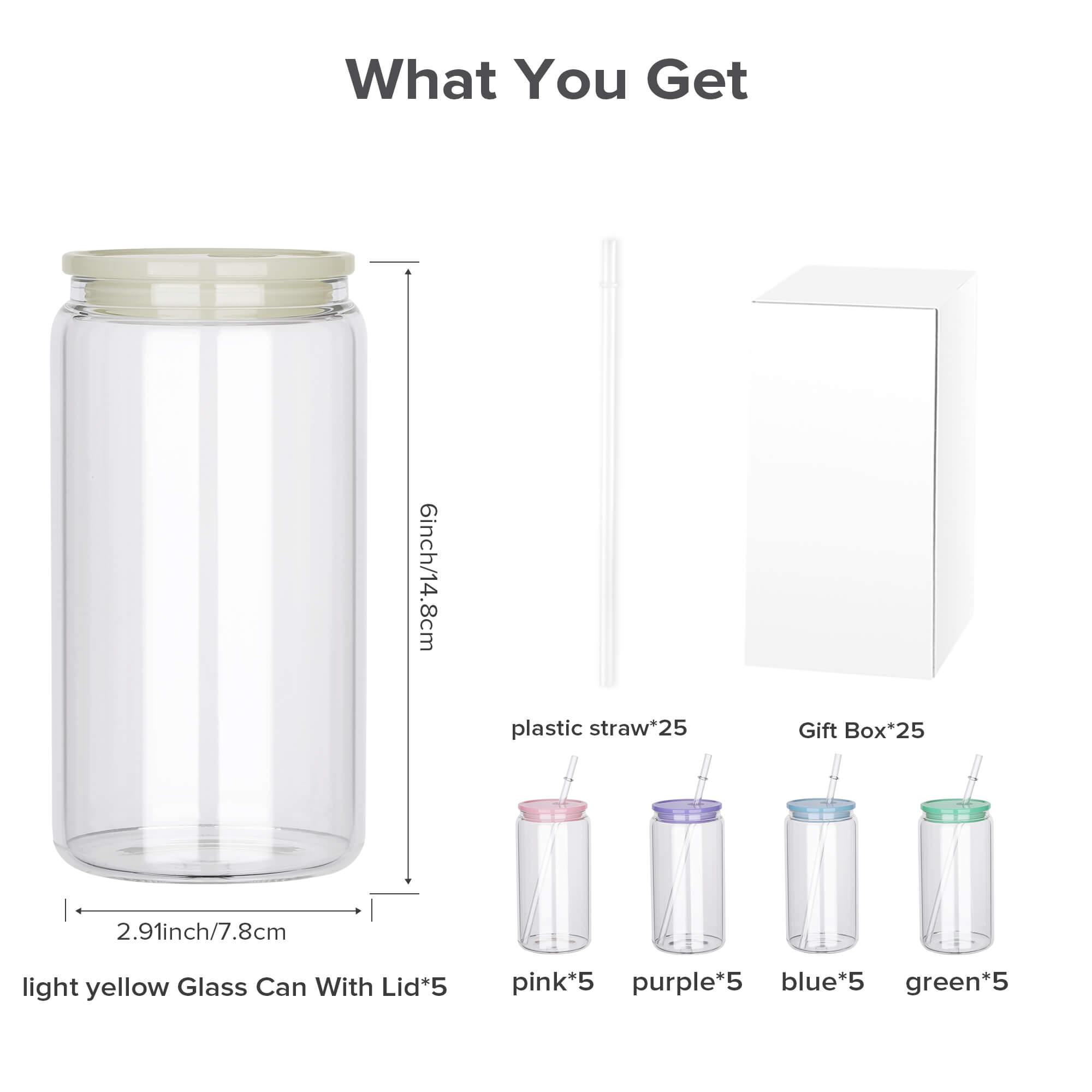 16oz Clear Glass Sublimation Tumbler - Color Plastic Lid | 25 Pack - FASTSUB, 16 oz sublimation tumbler glass