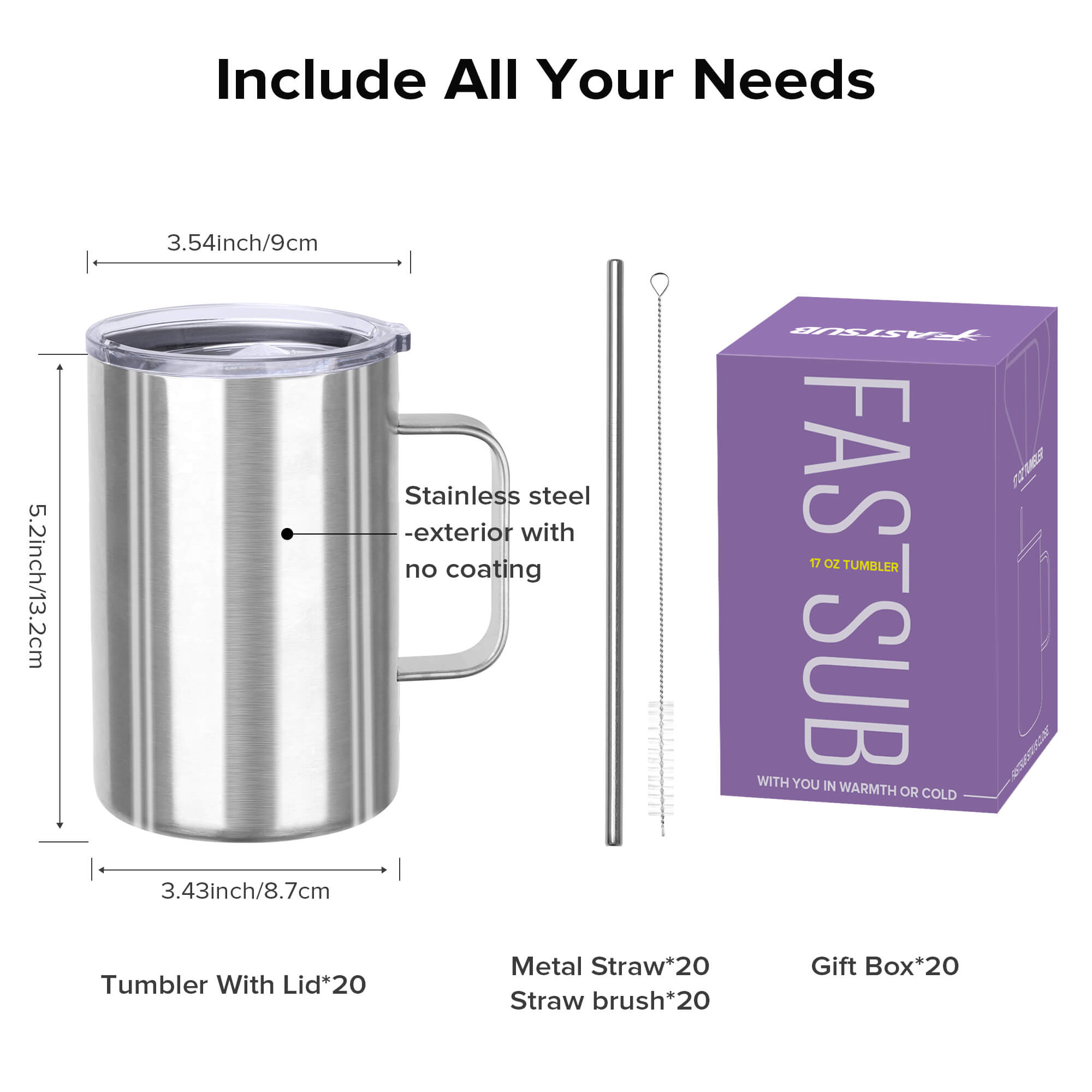 17 oz Stainless Steel Mug | 20 Pack