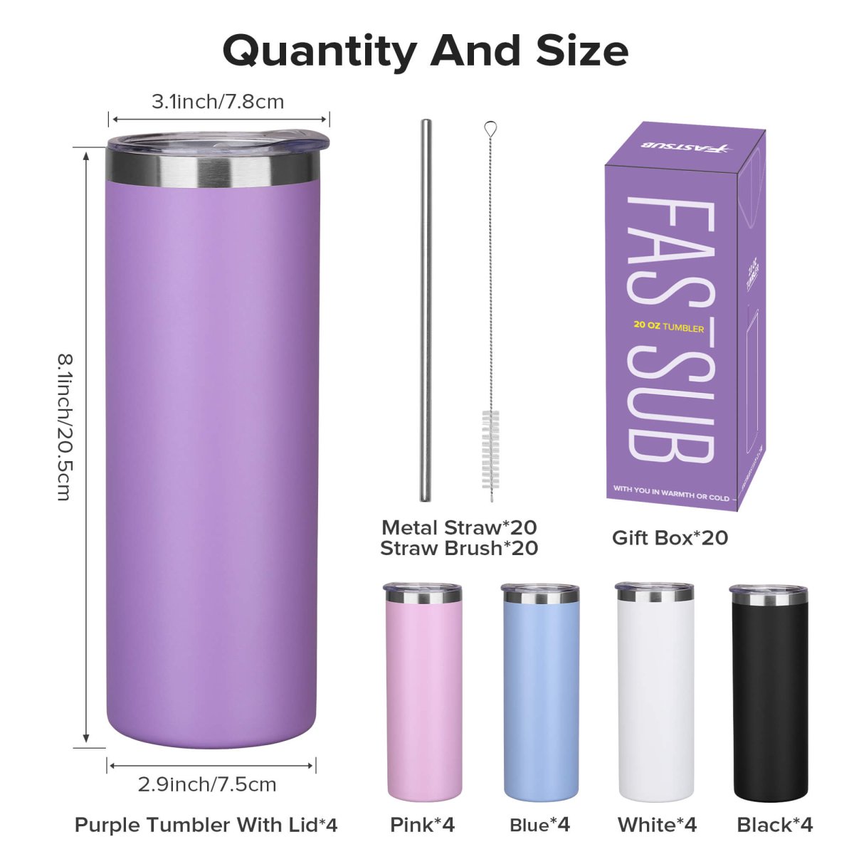 20 oz Powder Coated Skinny Tumbler - 20 Pack - FASTSUB