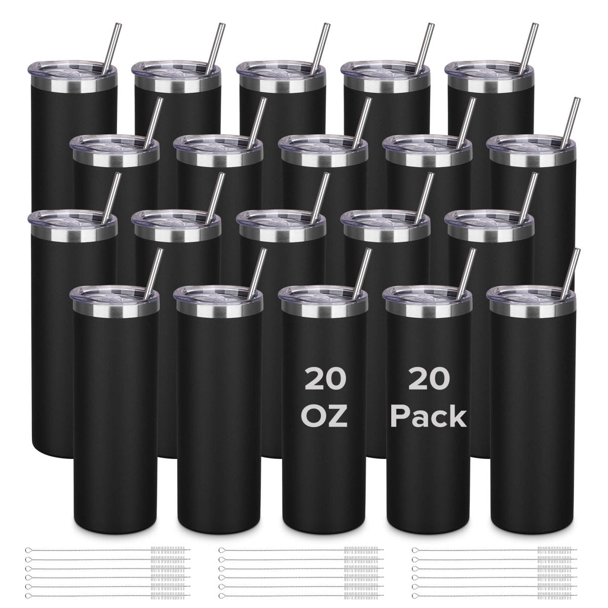 20 oz Powder Coated Skinny Tumbler Black - 20 Pack - FASTSUB