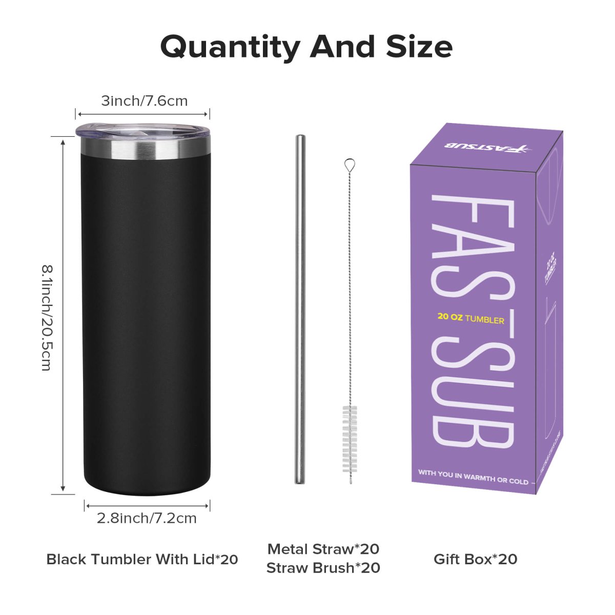 20 oz Powder Coated Skinny Tumbler Black - 20 Pack - FASTSUB