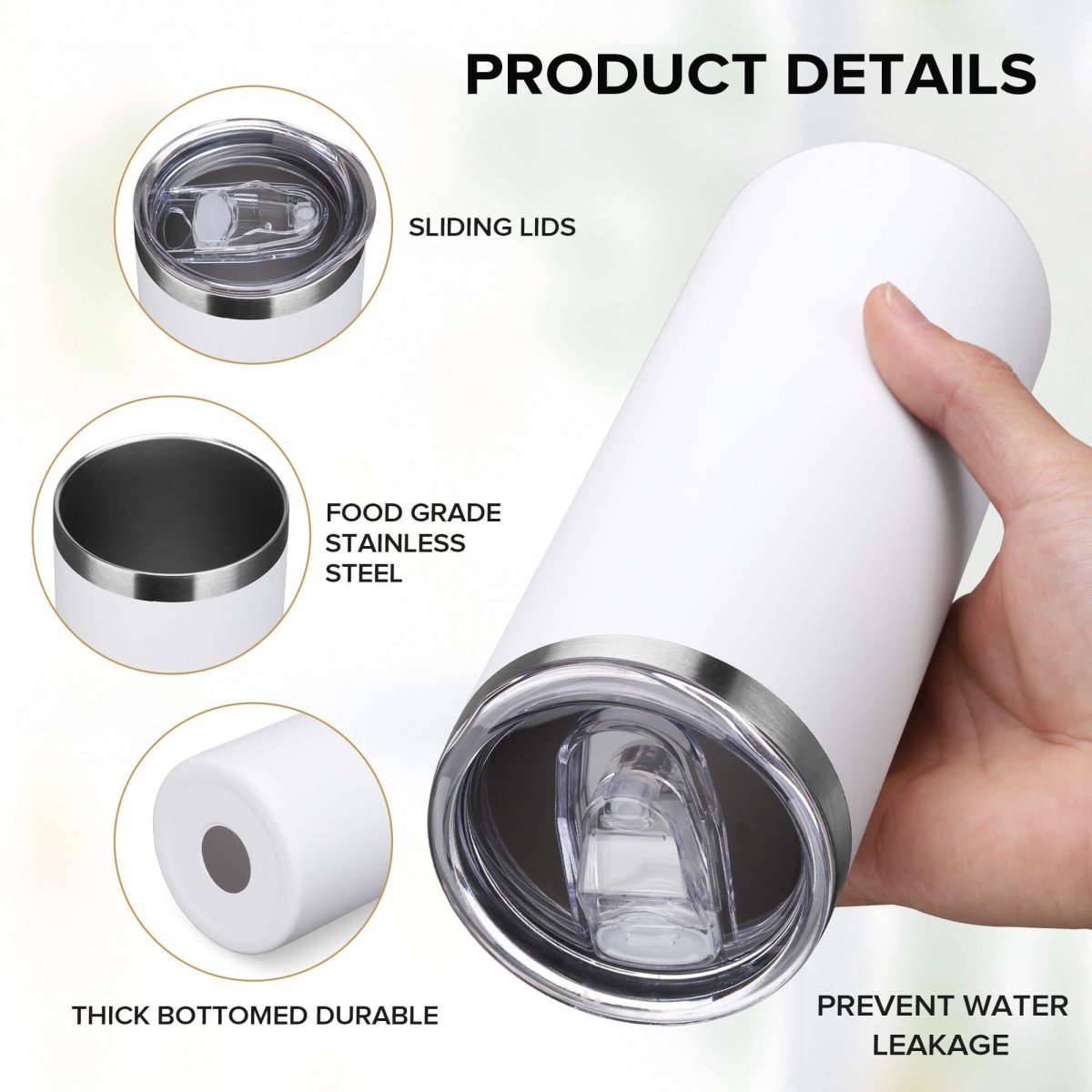 20 oz Powder Coated Skinny Tumbler White - 20 Pack - FASTSUB