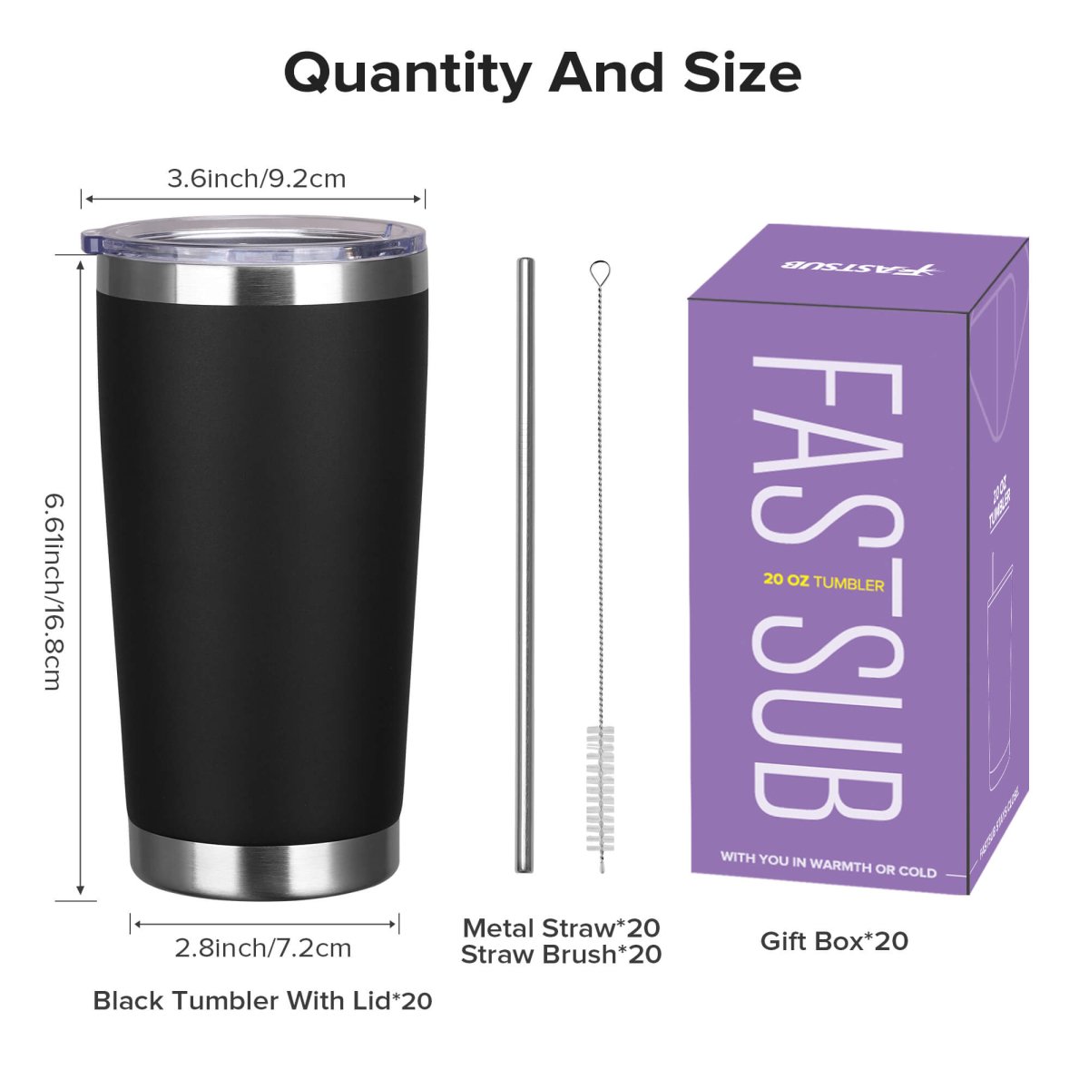 20 oz Powder Coated Tumbler Black - 20 Pack - FASTSUB