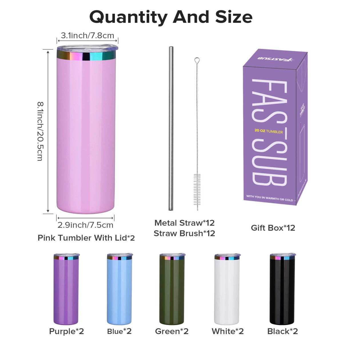 20 oz Rainbow Plated Skinny Tumbler - 12 Pack - FASTSUB