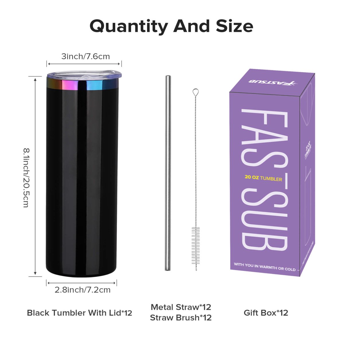 20 oz Rainbow Plated Skinny Tumbler Black - 12 Pack - FASTSUB