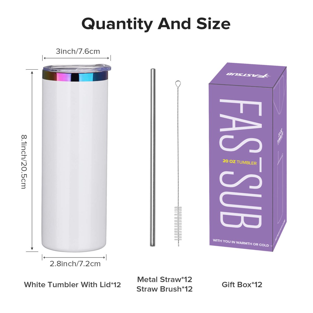 20 oz Rainbow Plated Skinny Tumbler White - 12 Pack - FASTSUB