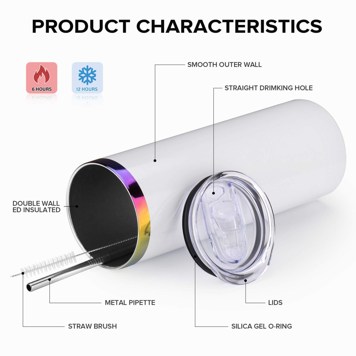 20 oz Rainbow Plated Skinny Tumbler White - 12 Pack - FASTSUB