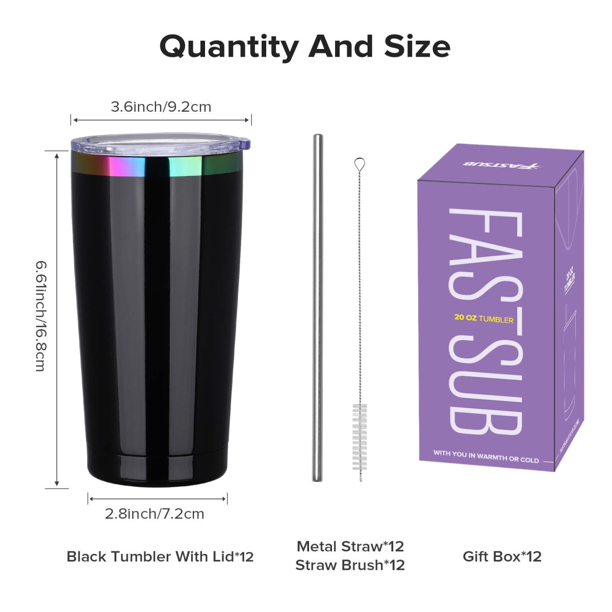 20 oz Rainbow Plated Tumbler Black - 12 Pack - FASTSUB