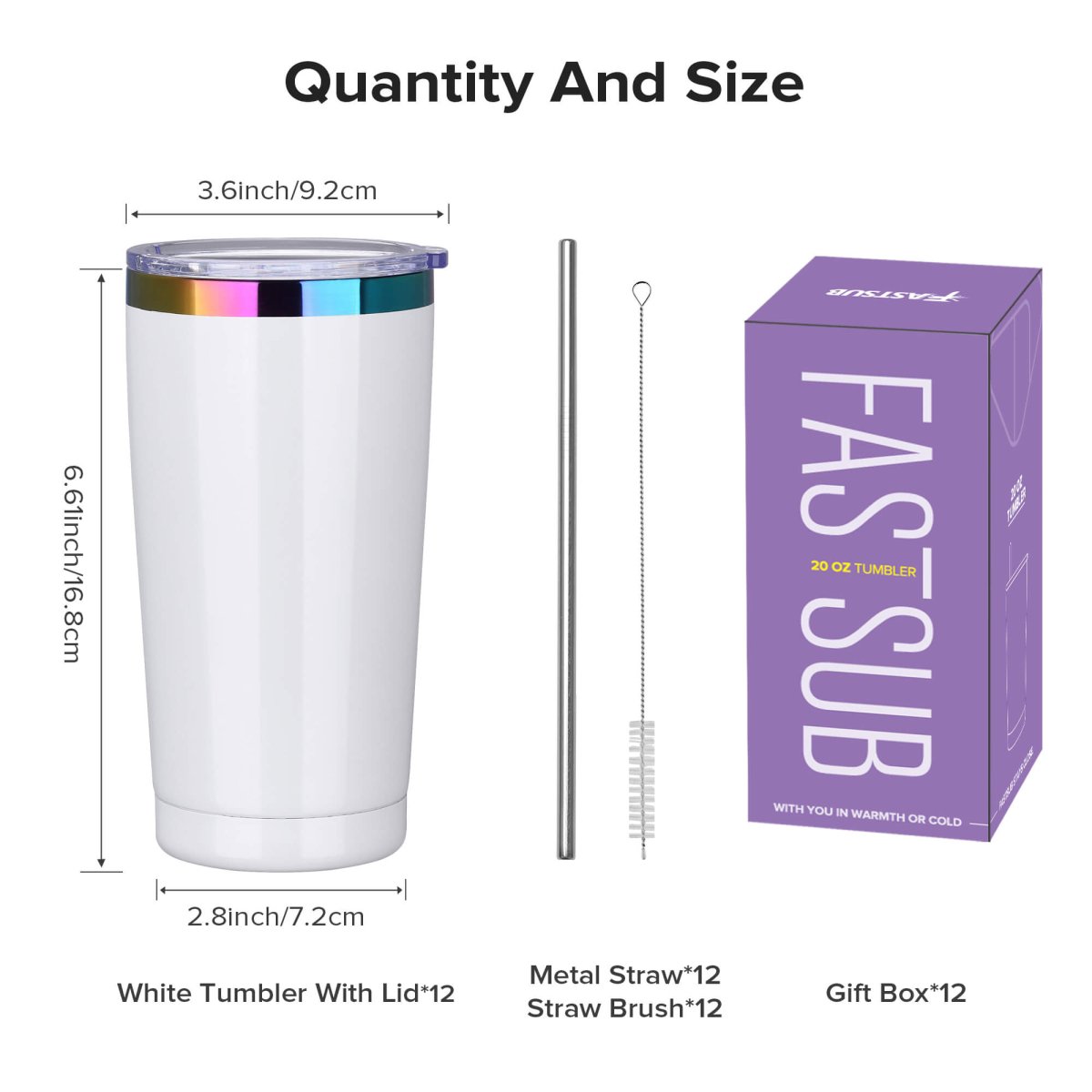 20 oz Rainbow Plated Tumbler White - 12 Pack - FASTSUB