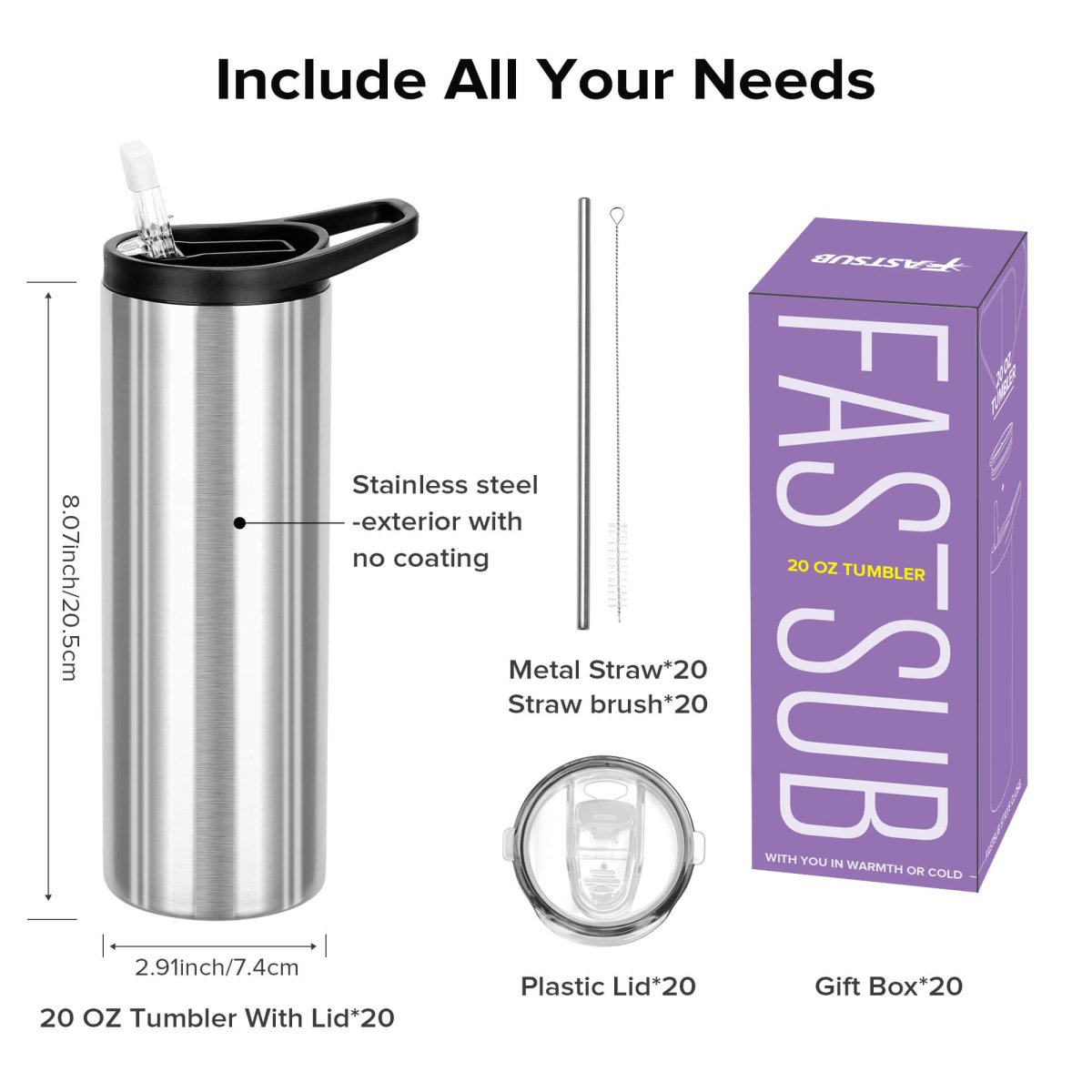 20 oz Skinny Stainless Steel Duo Tumbler - 20 Pack - FASTSUB