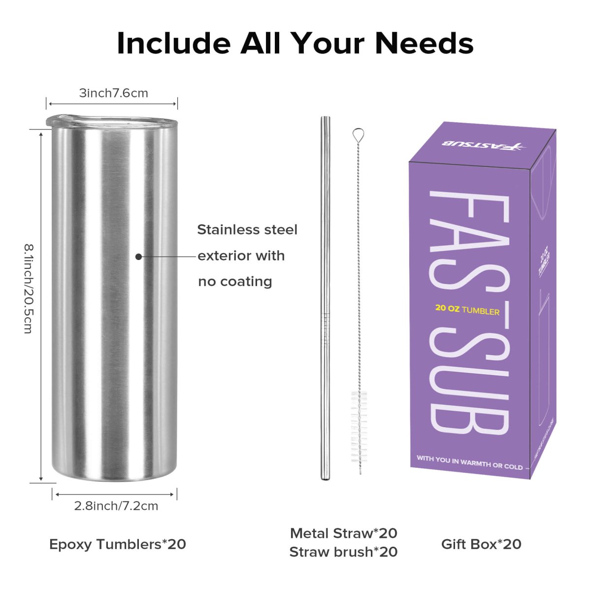 20 oz Skinny Stainless Steel Tumbler - 20 Pack - FASTSUB