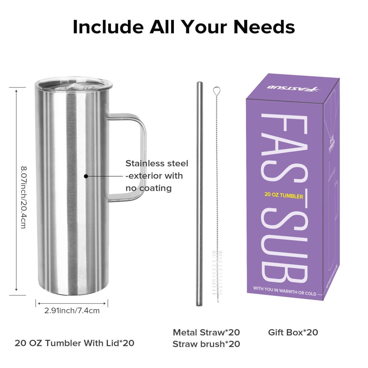 20 oz Skinny Stainless Steel Tumbler with Handle - 20 Pack - FASTSUB