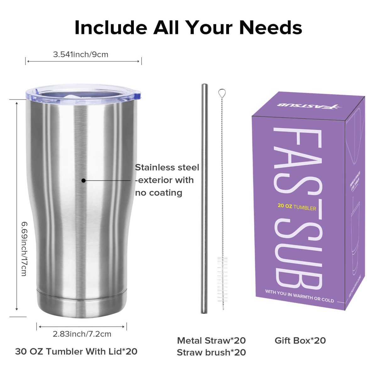 20 oz Stainless Steel Curve Tumbler - 20 Pack - FASTSUB