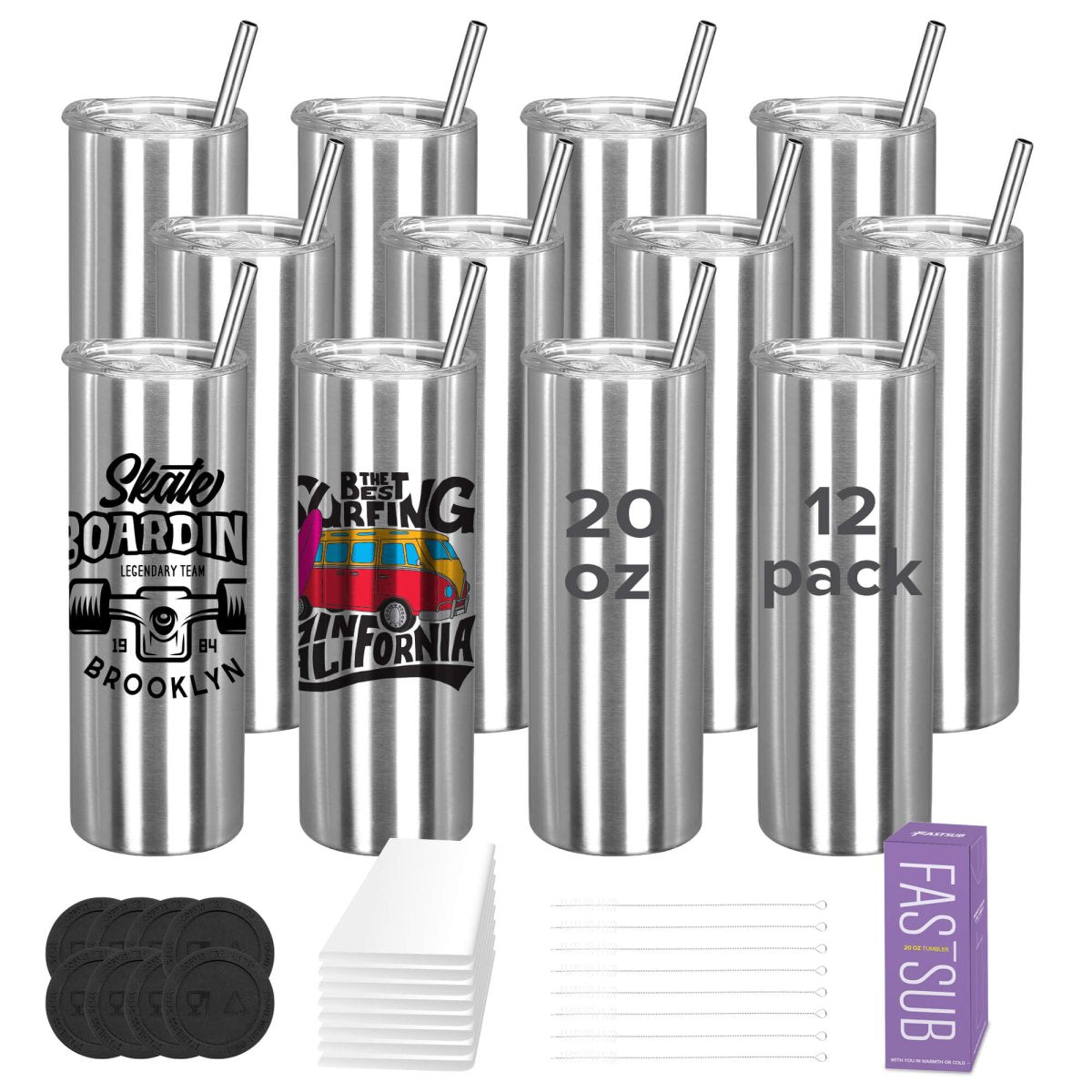 20 oz Sublimation Clear Skinny Tumbler - 12 Pack - FASTSUB