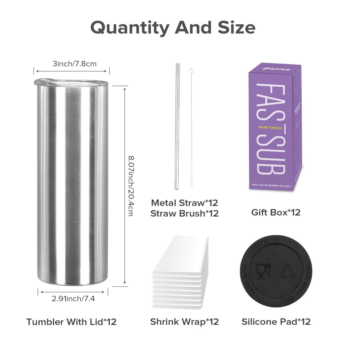 20 oz Sublimation Clear Skinny Tumbler - 12 Pack - FASTSUB