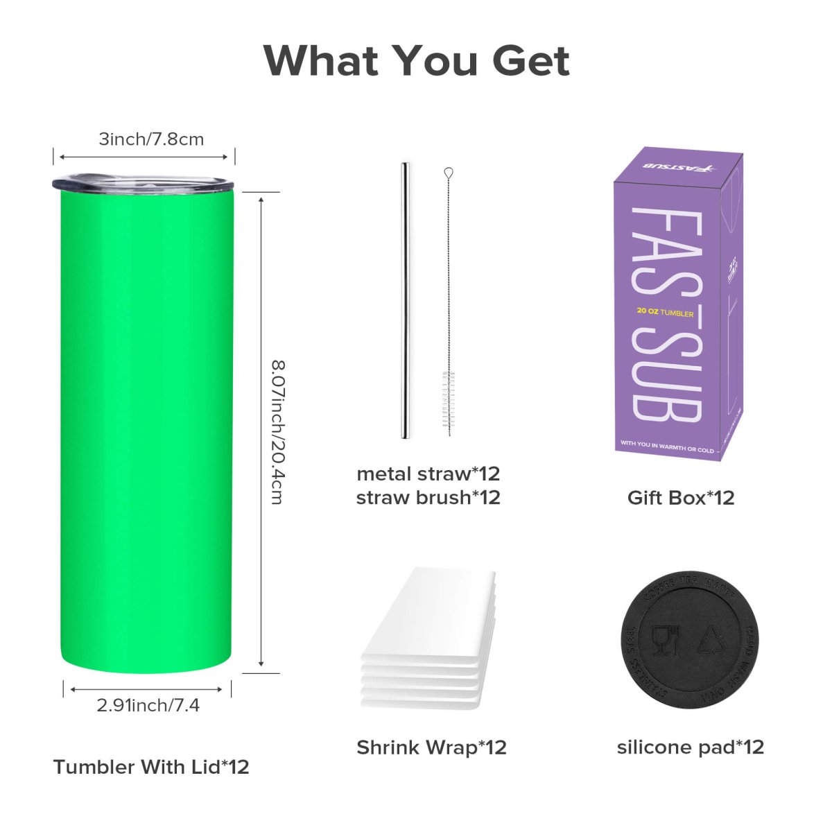 20 oz Sublimation Glow Skinny Tumbler - 12 Pack - FASTSUB