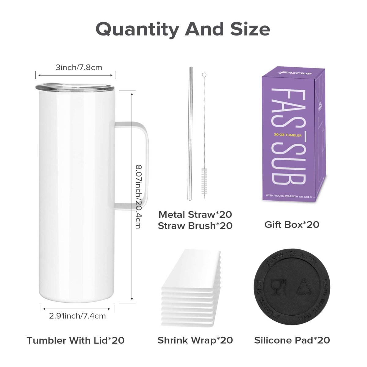 20 oz Sublimation Skinny Tumbler with Handle - 20 Pack - FASTSUB