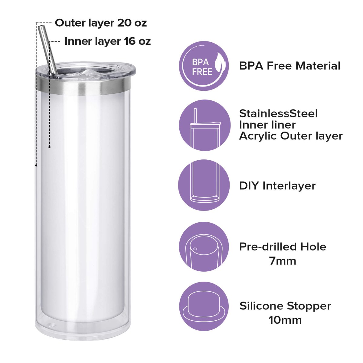 20 oz Sublimation Snow Globe Skinny Tumbler - 25 Pack - FASTSUB