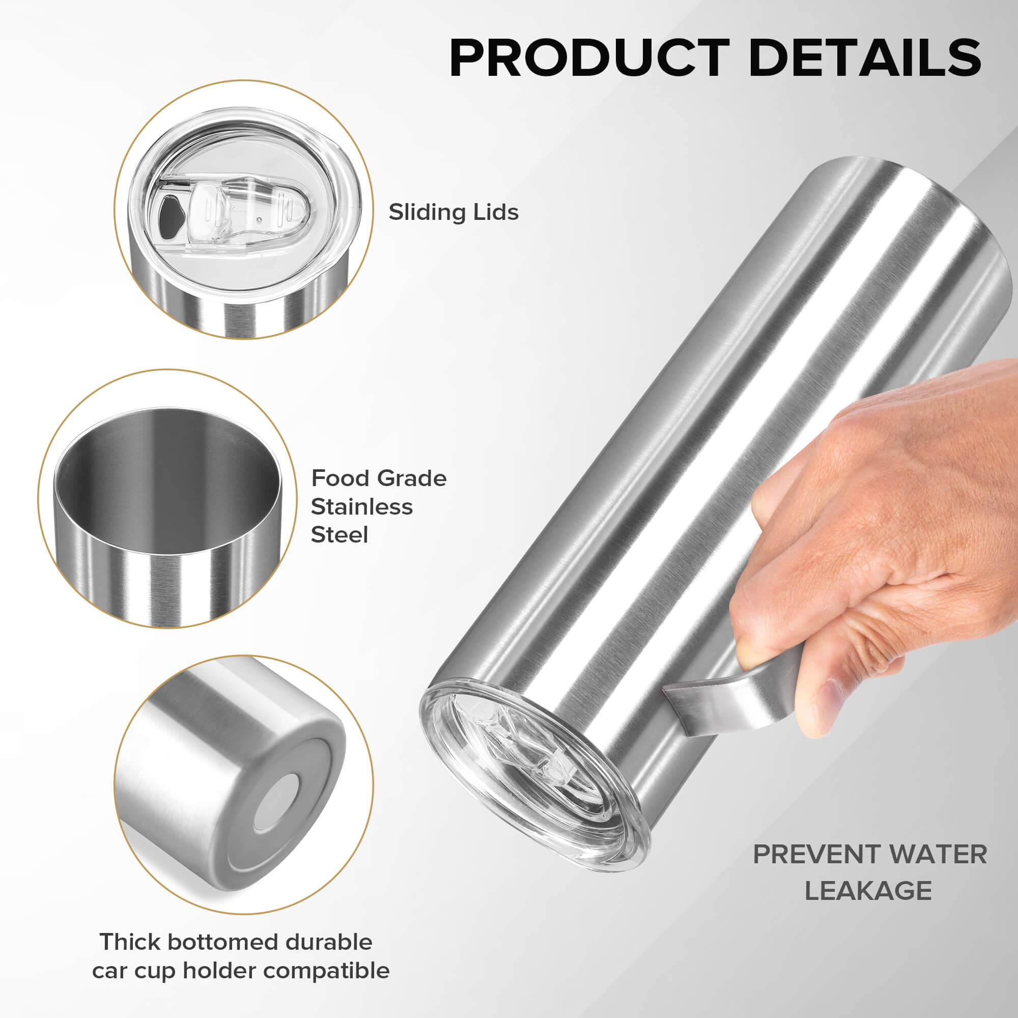 20 oz Skinny Stainless Steel Tumbler with Handle | 20 Pack