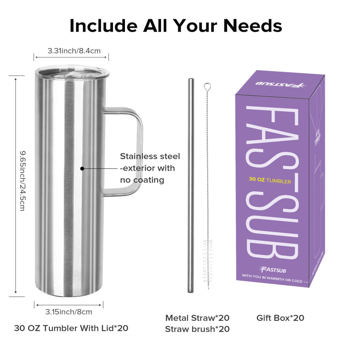 30 oz Skinny Stainless Steel Tumbler with Handle - 20 Pack - FASTSUB