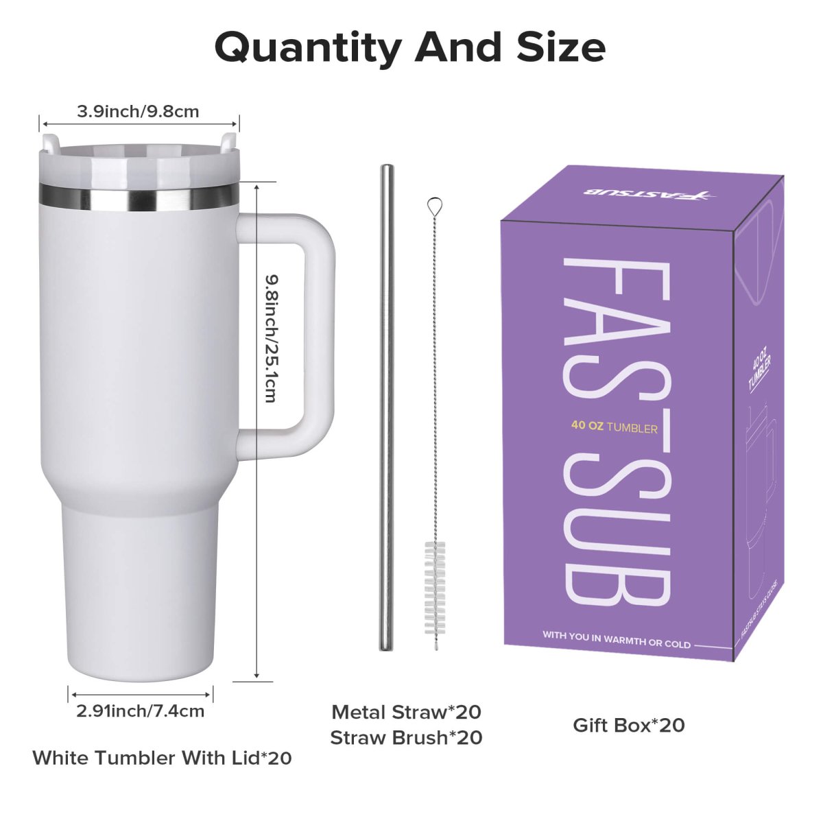 40 oz Powder Coated Tumbler White - 20 Pack - FASTSUB