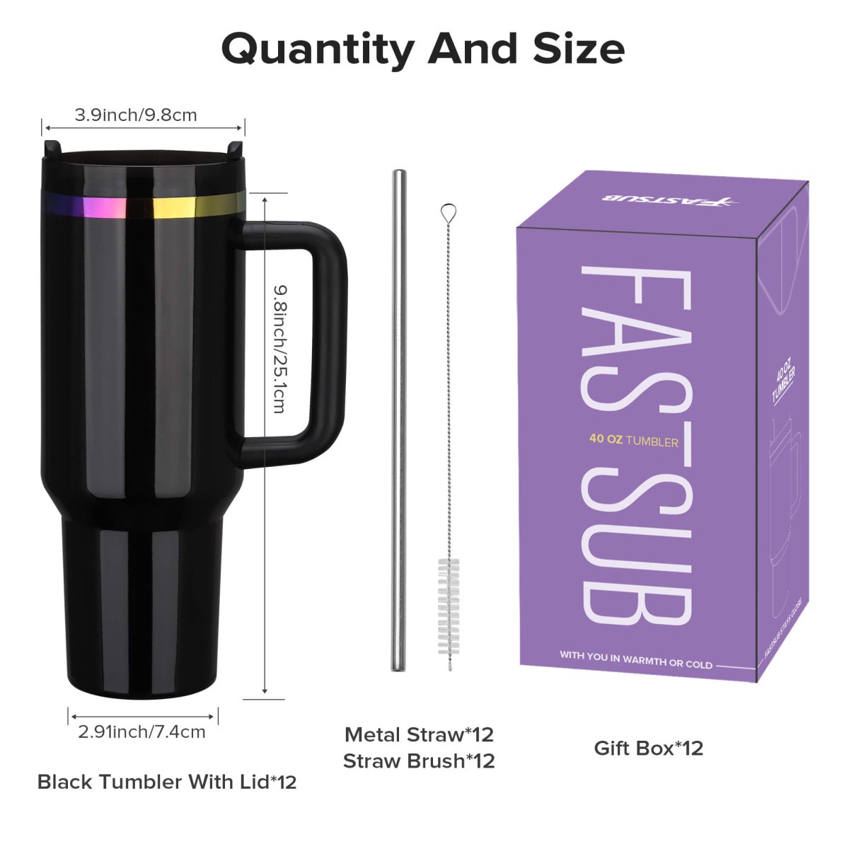 40 oz Rainbow Plated Tumbler Black - 12 Pack - FASTSUB