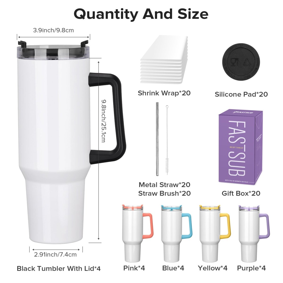 40 oz Sublimation Handle Tumbler - 20 Pack - FASTSUB