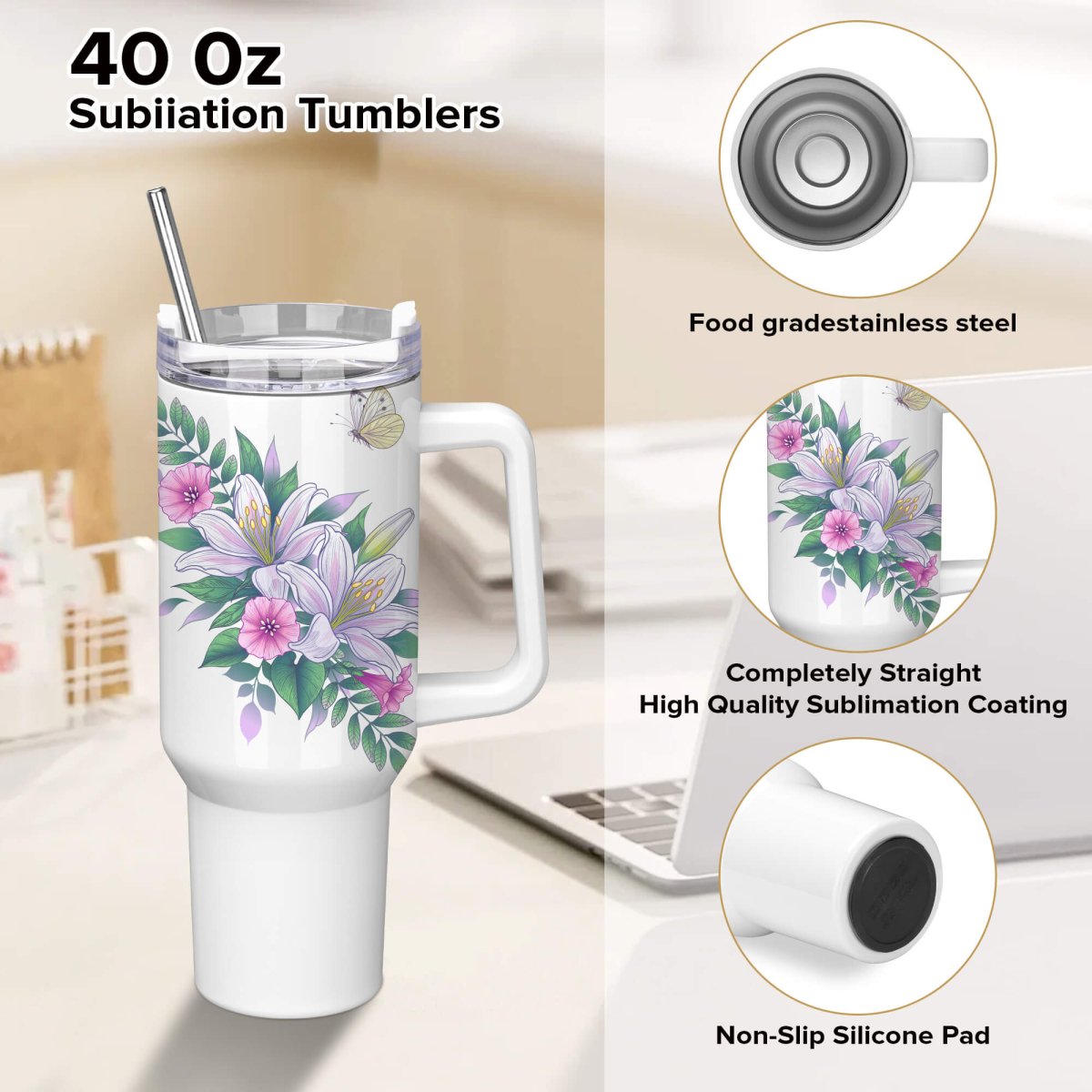 40 oz Sublimation White Handle Tumbler - 12 Pack - FASTSUB
