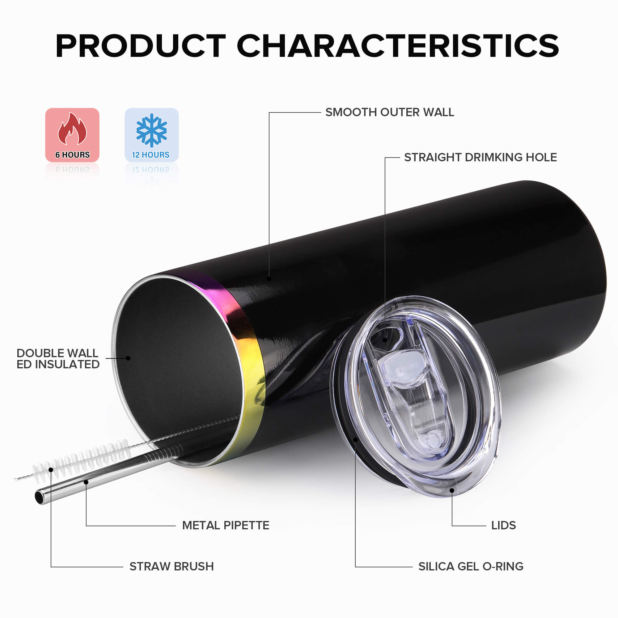 20 oz Glossy Coated Skinny Straight Tumbler - Black | 12 Pack - FASTSUB
