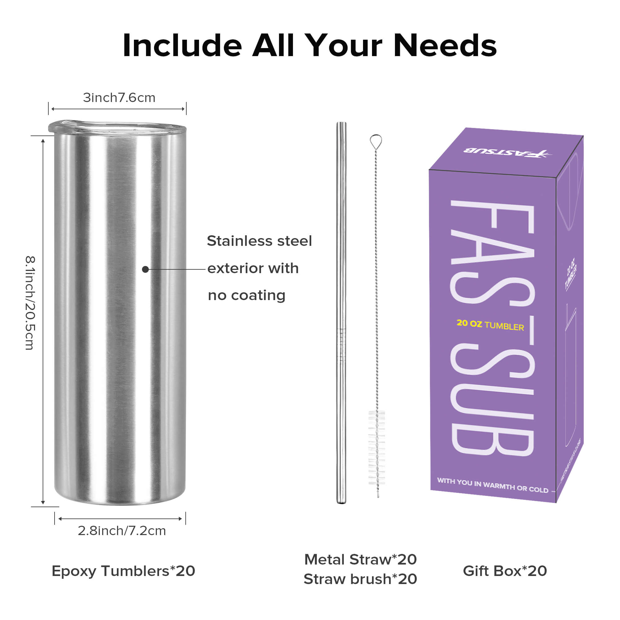 20 oz Skinny Stainless Steel Tumbler | 20 Pack