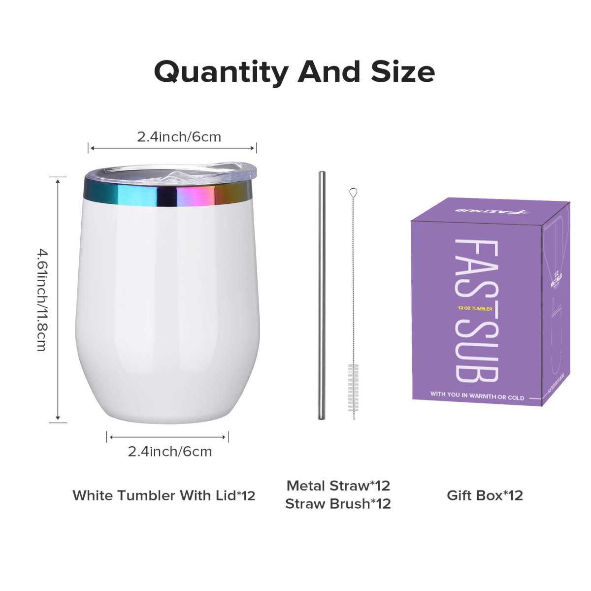 12 oz Rainbow Plated Tumbler White - 12 Pack - FASTSUB