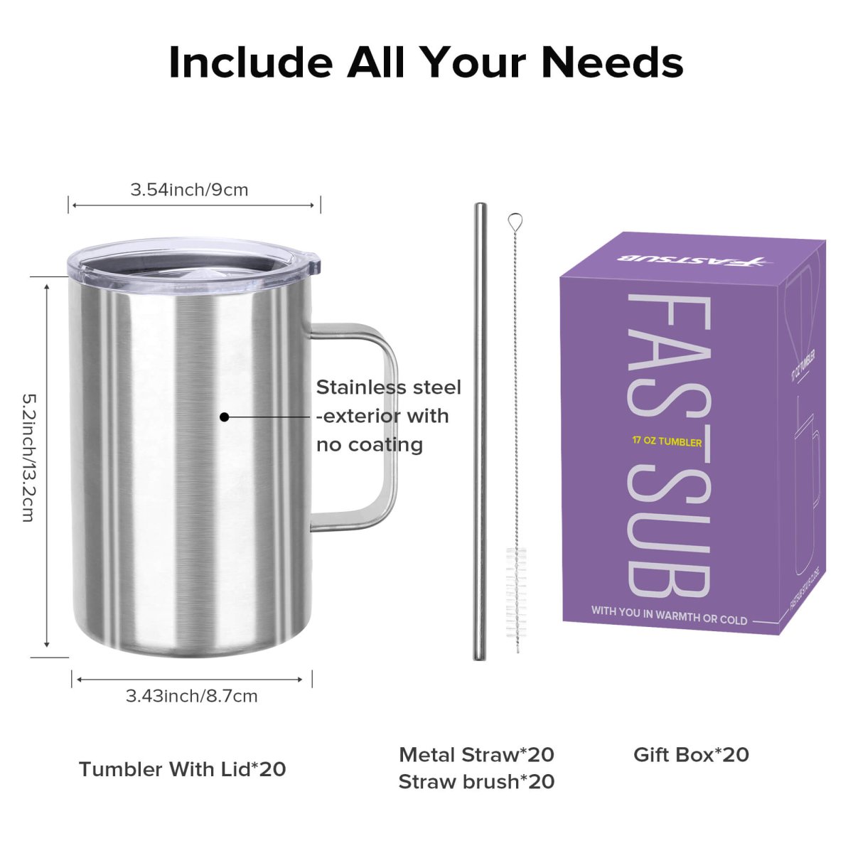 17 oz Stainless Steel Mug - 20 Pack - FASTSUB
