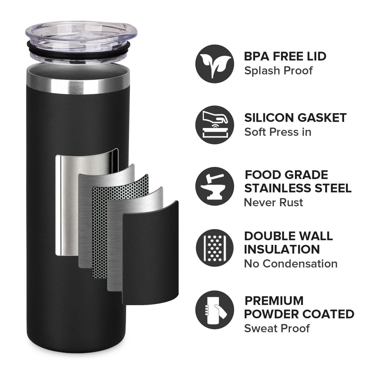 20 oz Powder Coated Skinny Tumbler Black - 20 Pack - FASTSUB