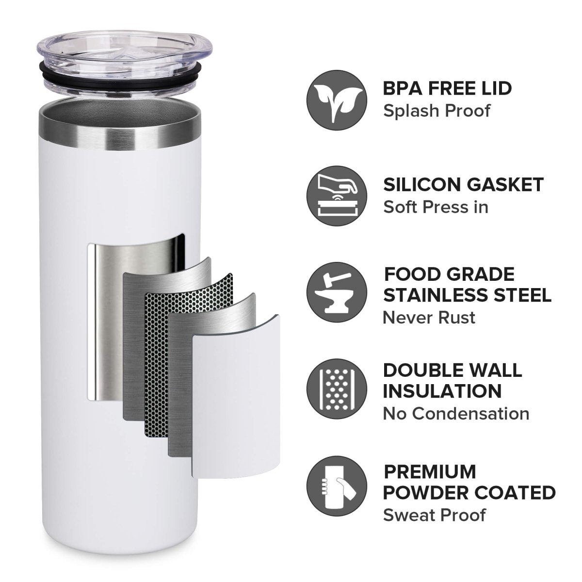 20 oz Powder Coated Skinny Tumbler White - 20 Pack - FASTSUB
