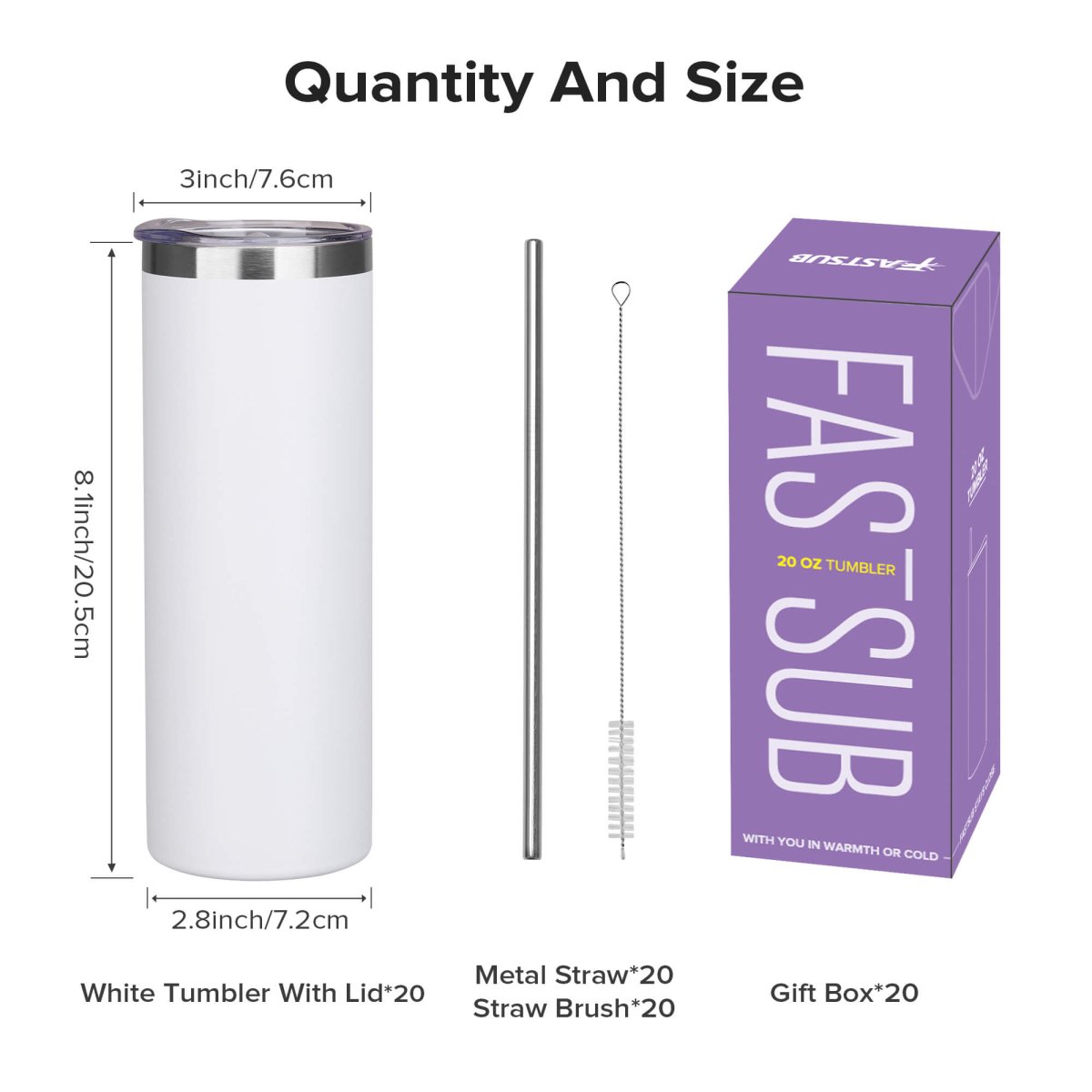 20 oz Powder Coated Skinny Tumbler White - 20 Pack - FASTSUB