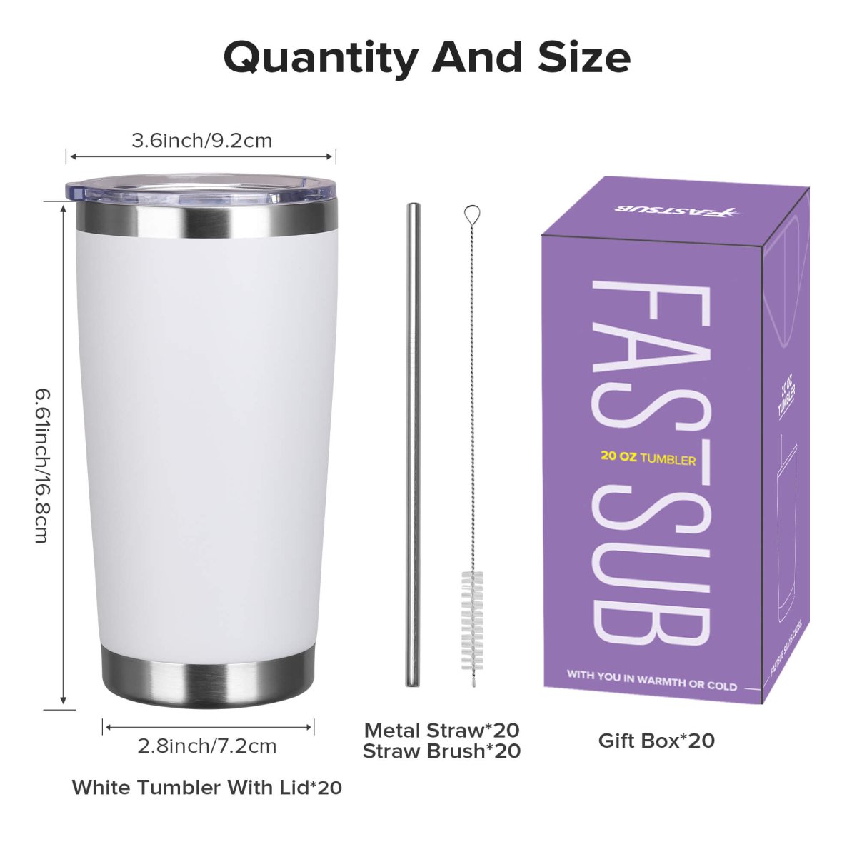 20 oz Powder Coated Tumbler White - 20 Pack - FASTSUB