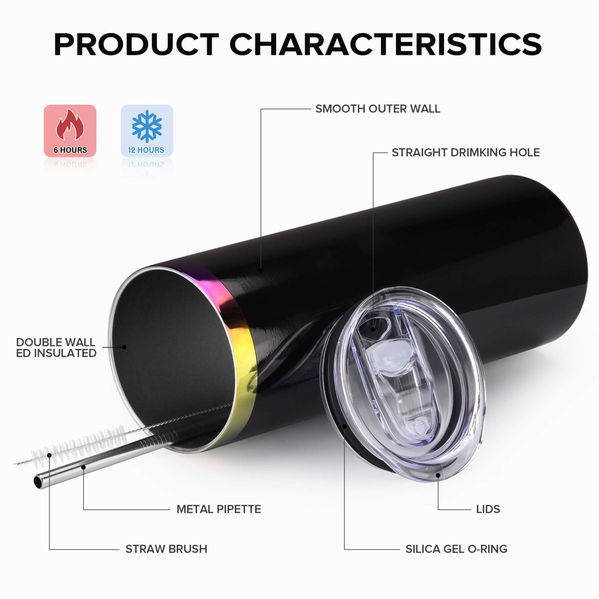20 oz Rainbow Plated Skinny Tumbler Black - 12 Pack - FASTSUB