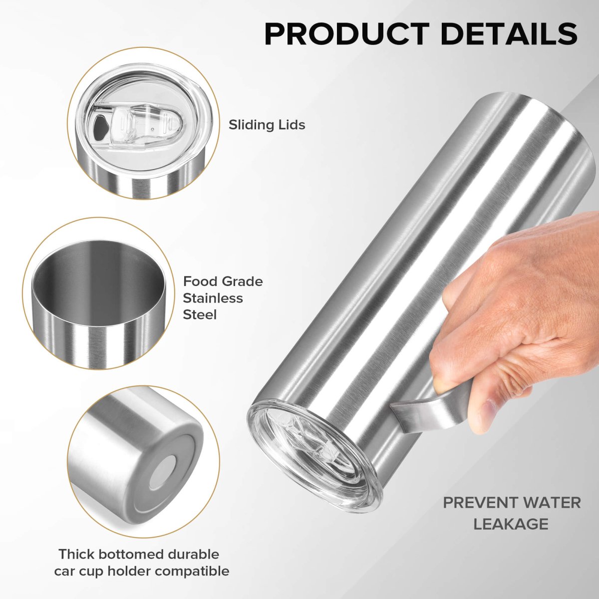 20 oz Skinny Stainless Steel Tumbler with Handle - 20 Pack - FASTSUB