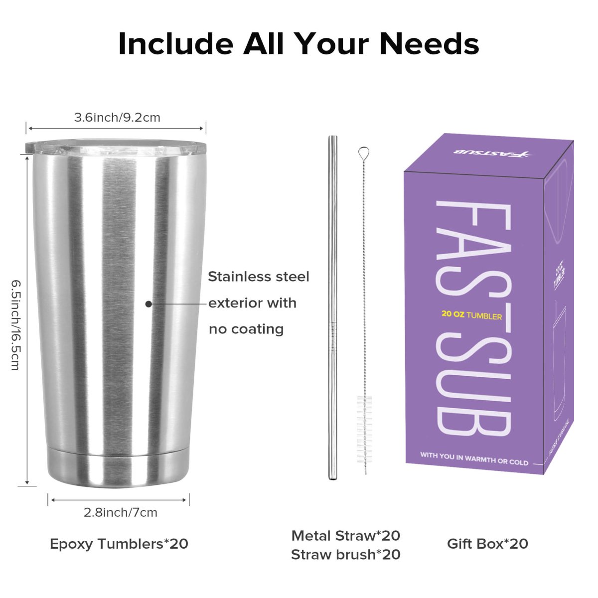 20 oz Stainless Steel Tumbler - 20 Pack - FASTSUB