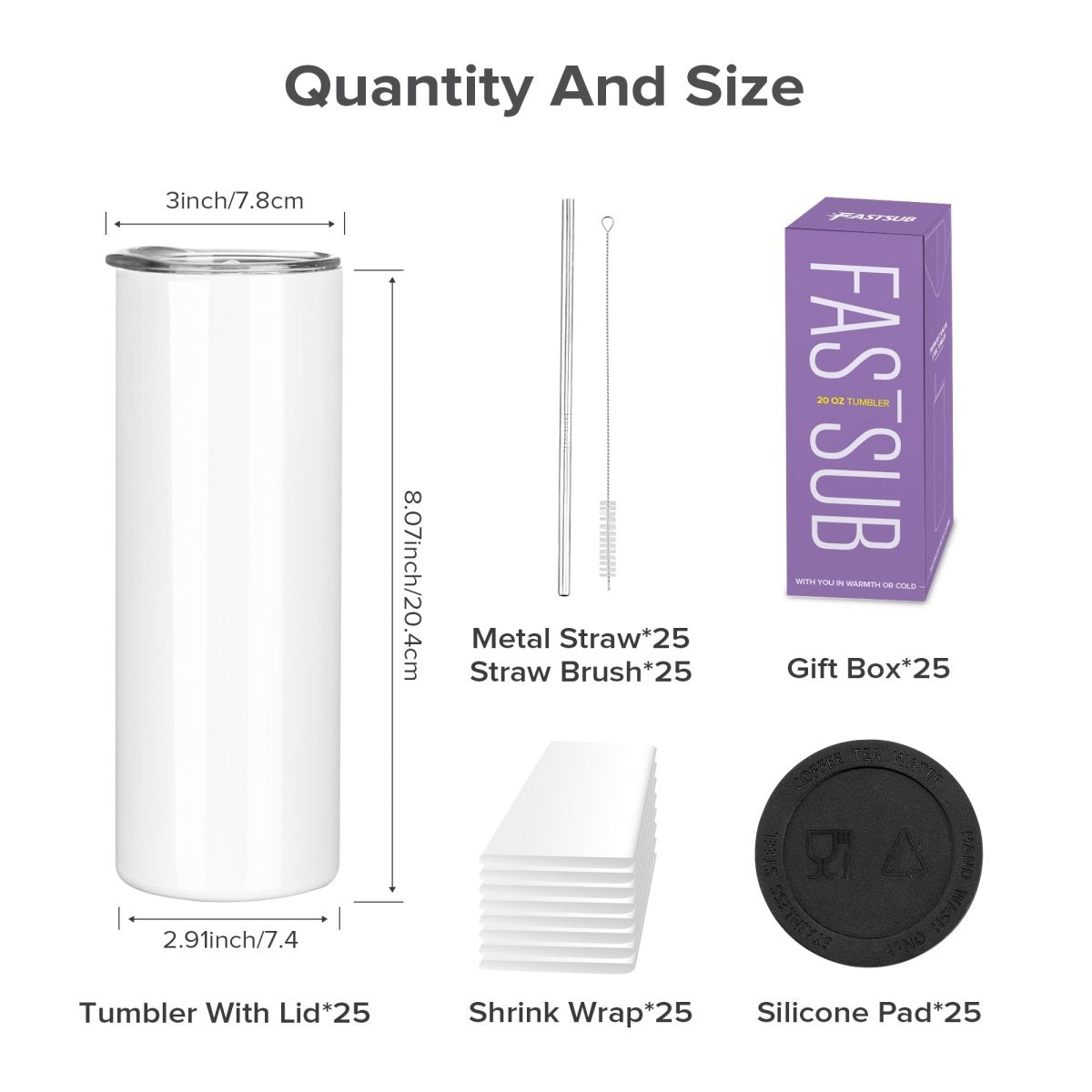20 oz Sublimation Edge Skinny Tumbler - 25 Pack - FASTSUB