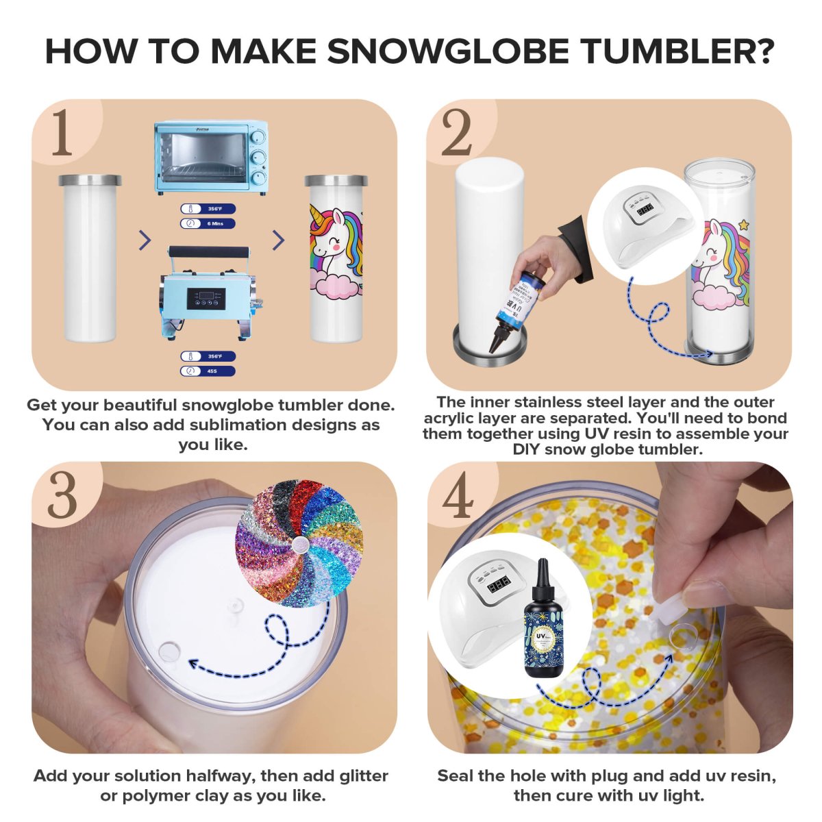 20 oz Sublimation Snow Globe Skinny Tumbler - 25 Pack - FASTSUB