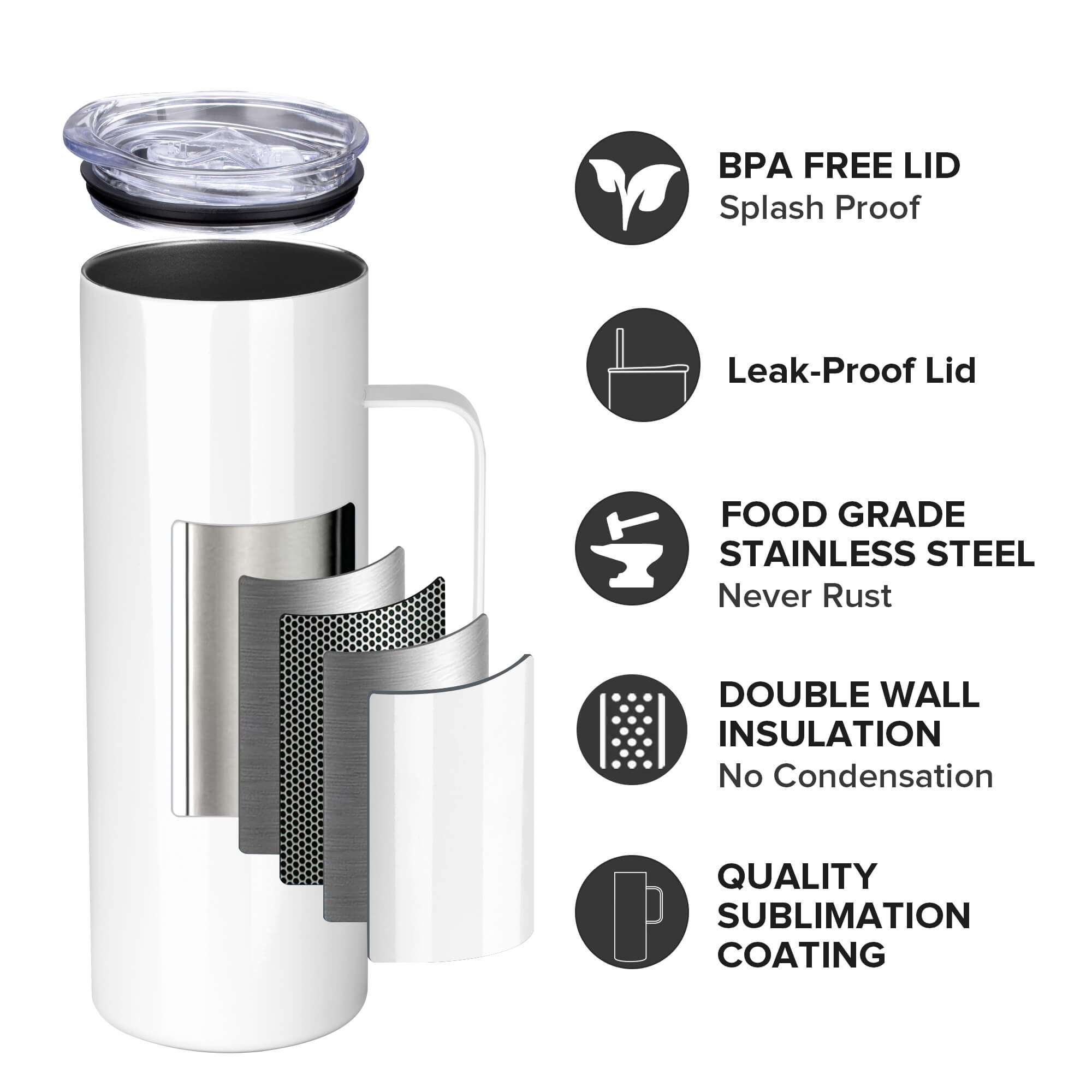 20 oz Sublimation Skinny Tumbler with Handle | 20 Pack