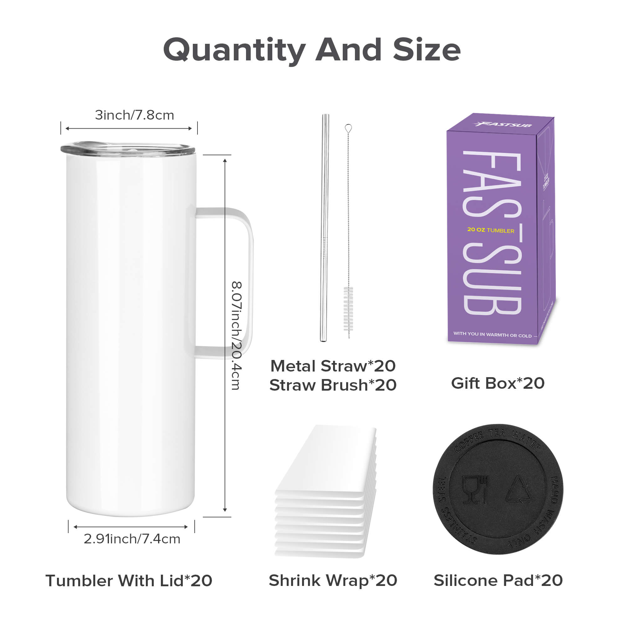 20 oz Sublimation Skinny Tumbler with Handle | 20 Pack