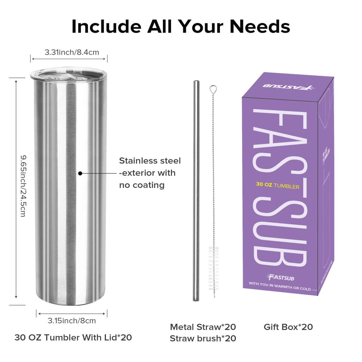 30 oz Skinny Stainless Steel Tumbler - 20 Pack - FASTSUB