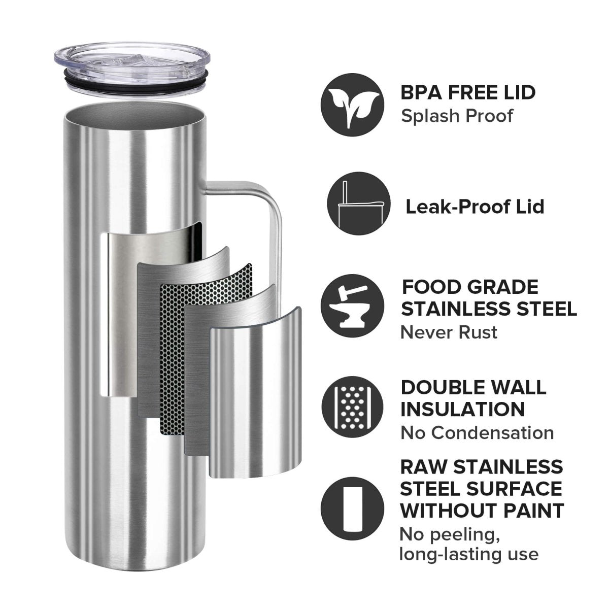 30 oz Skinny Stainless Steel Tumbler with Handle - 20 Pack - FASTSUB