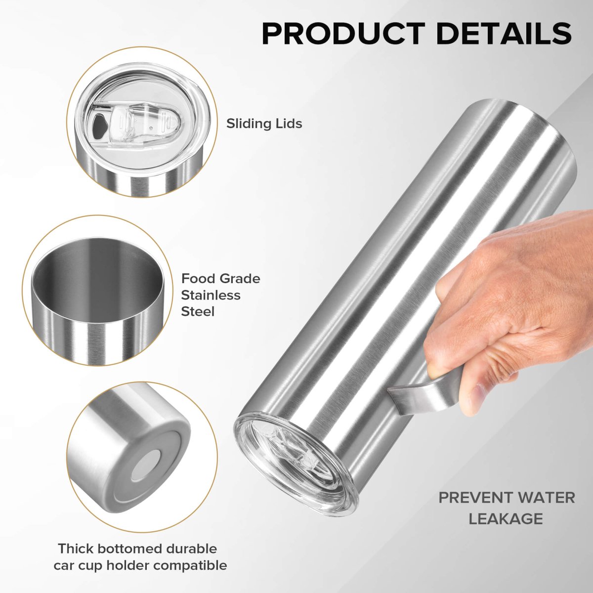30 oz Skinny Stainless Steel Tumbler with Handle - 20 Pack - FASTSUB
