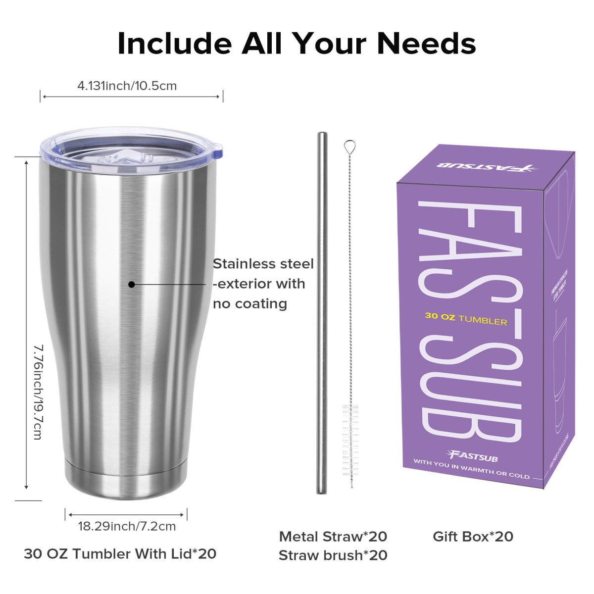 30 oz Stainless Steel Tumbler - 20 Pack - FASTSUB