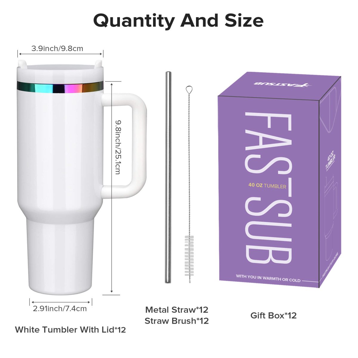 40 oz Rainbow Plated Tumbler White - 12 Pack - FASTSUB